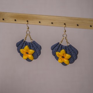 Boucles d'oreilles éventail bleu fleur jaune