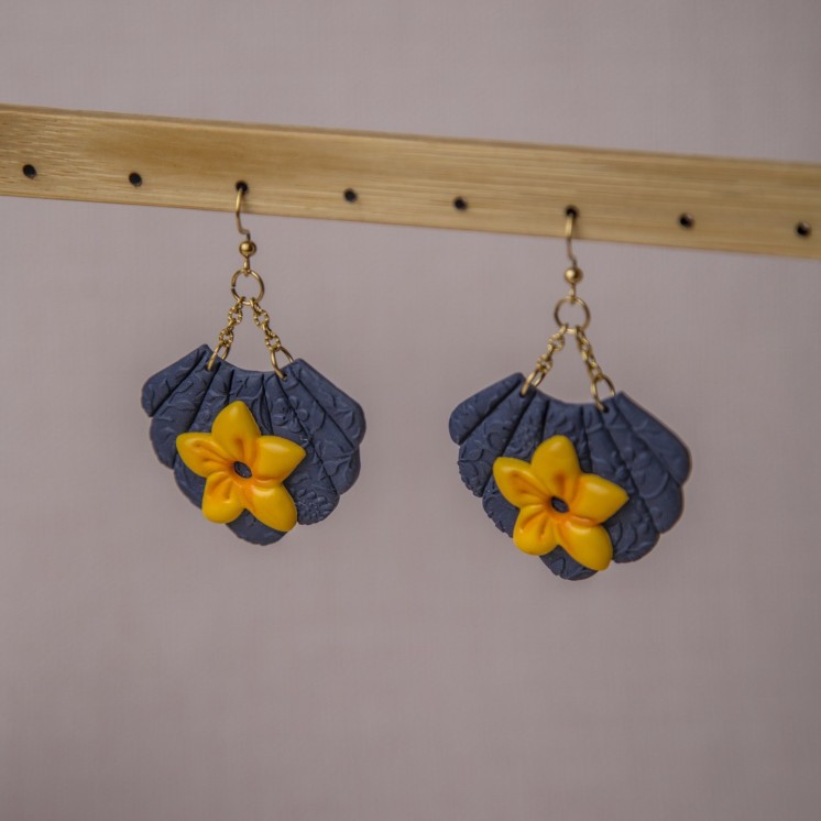 Boucles d'oreilles éventail bleu fleur jaune